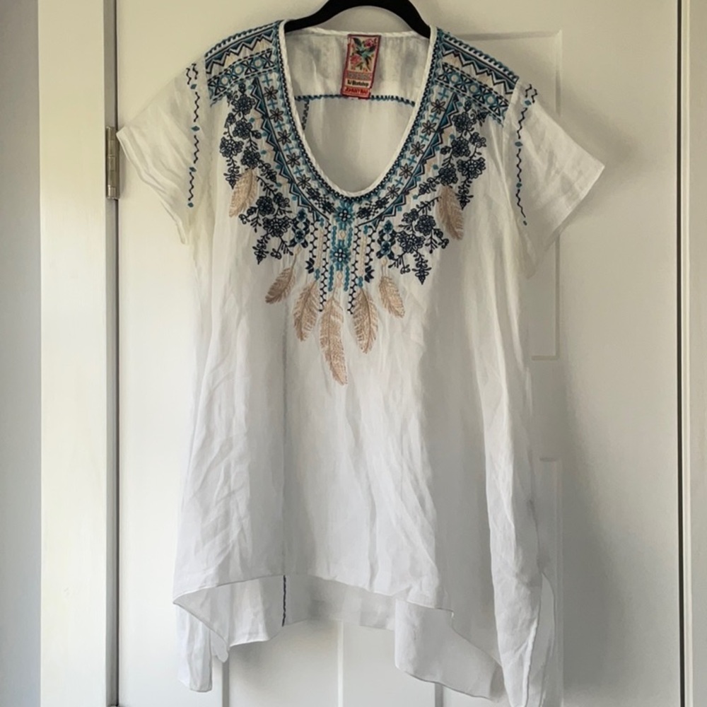 Johnny Was White and Blue Asymmetrical Embellished Tunic